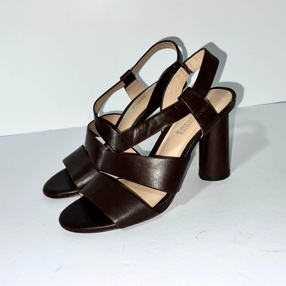 Antonio Melani Layren All Leather Sling Back Block Heel Brown Sandal Sz 8M